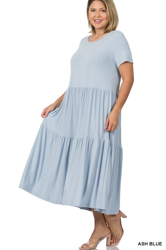 PLUS SIZE SHORT SLEEVE TIERED MIDI DRESS