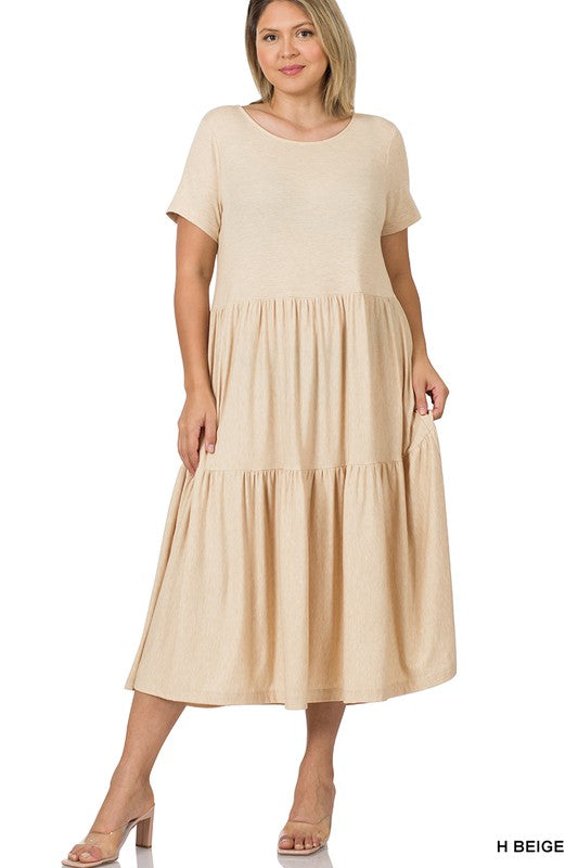 PLUS SIZE SHORT SLEEVE TIERED MIDI DRESS