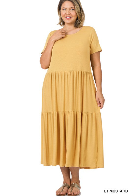 PLUS SIZE SHORT SLEEVE TIERED MIDI DRESS
