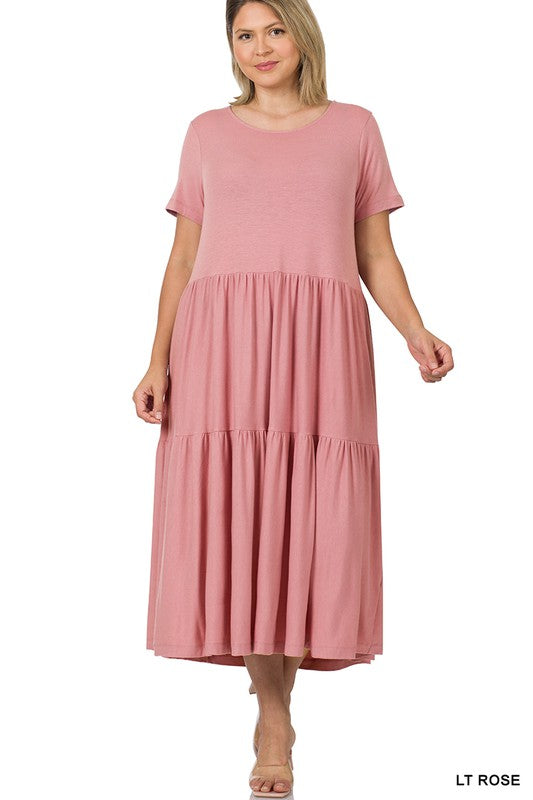 PLUS SIZE SHORT SLEEVE TIERED MIDI DRESS