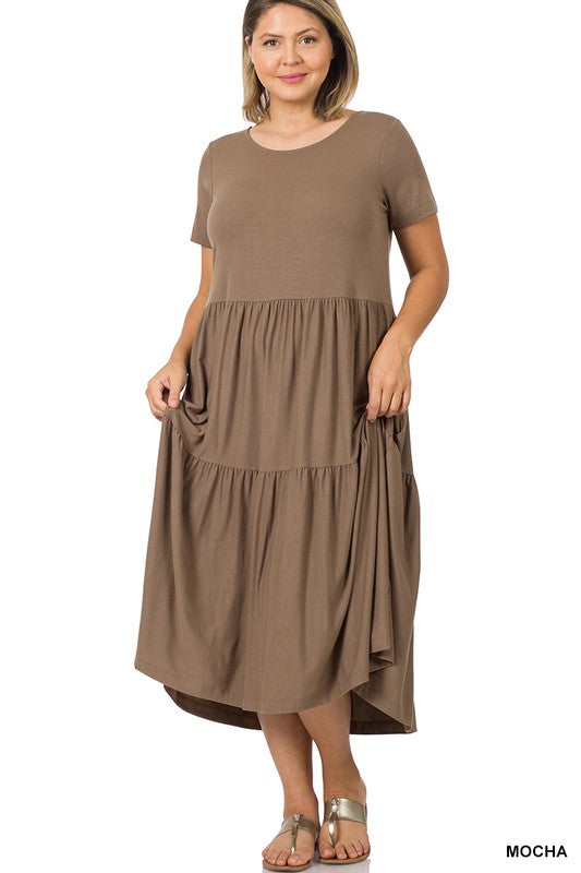 PLUS SIZE SHORT SLEEVE TIERED MIDI DRESS