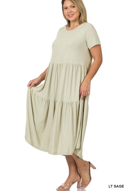 PLUS SIZE SHORT SLEEVE TIERED MIDI DRESS