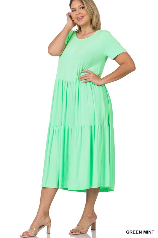 PLUS SIZE SHORT SLEEVE TIERED MIDI DRESS