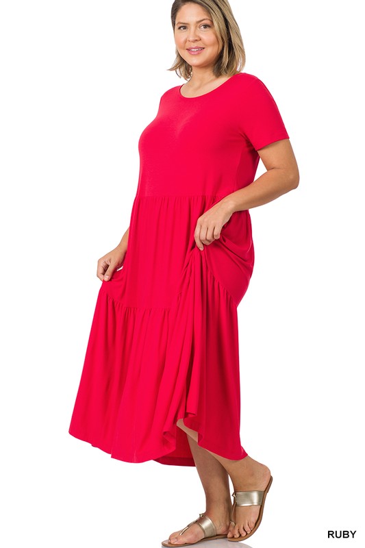PLUS SIZE SHORT SLEEVE TIERED MIDI DRESS