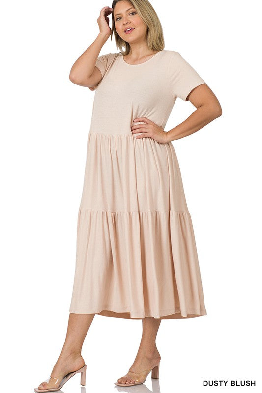 PLUS SIZE SHORT SLEEVE TIERED MIDI DRESS