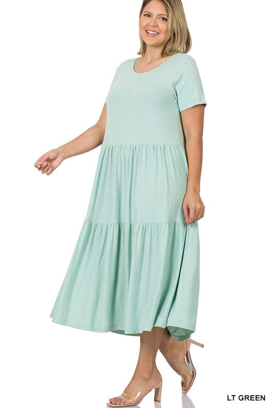 PLUS SIZE SHORT SLEEVE TIERED MIDI DRESS