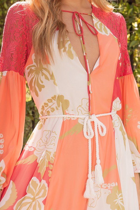 Floral Chiffon Maxi Dress W/ Braided Rope tie