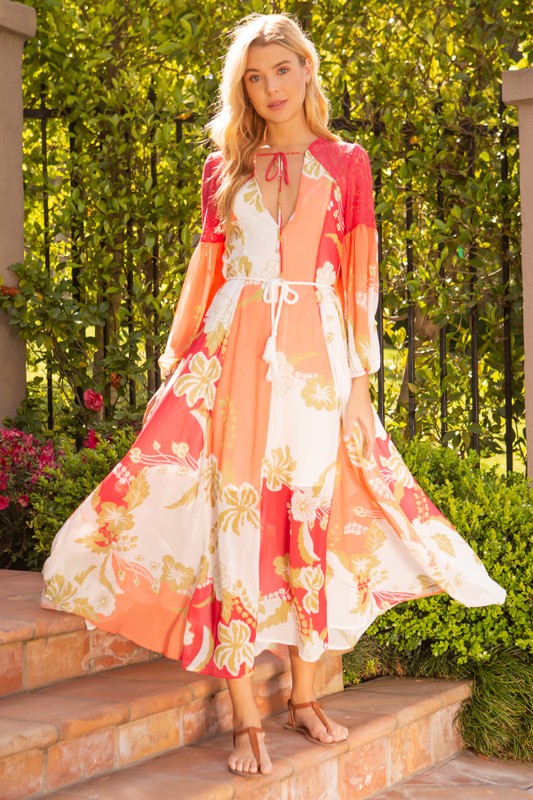 Floral Chiffon Maxi Dress W/ Braided Rope tie