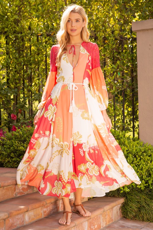 Floral Chiffon Maxi Dress W/ Braided Rope tie