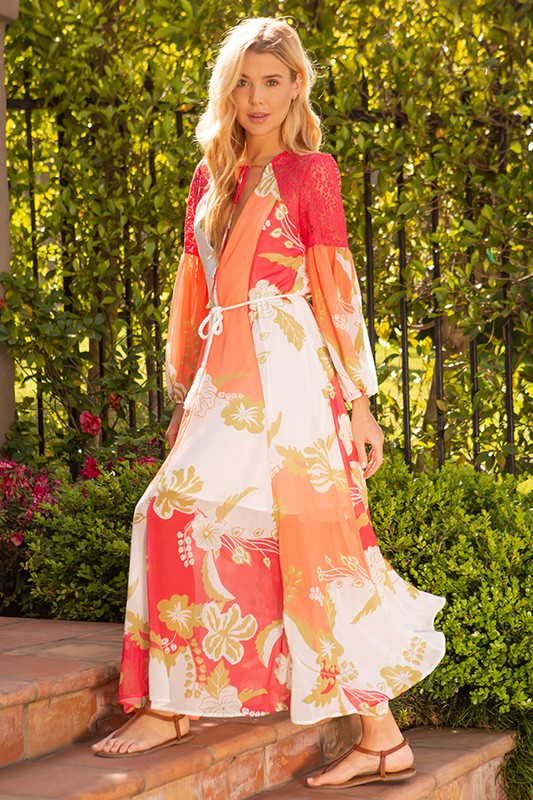 Floral Chiffon Maxi Dress W/ Braided Rope tie
