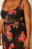 Plus Size Rose Print Sheer Maxi Dress
