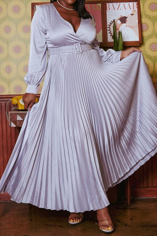 Silver Plus Size Pleated Maxi Flare Dress