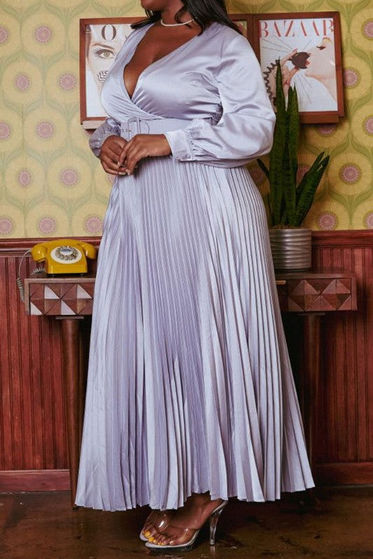 Silver Plus Size Pleated Maxi Flare Dress