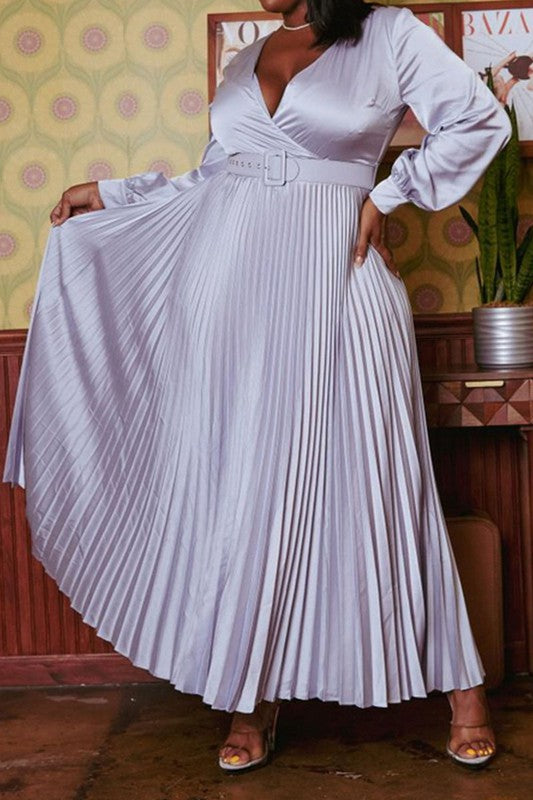 Silver Plus Size Pleated Maxi Flare Dress