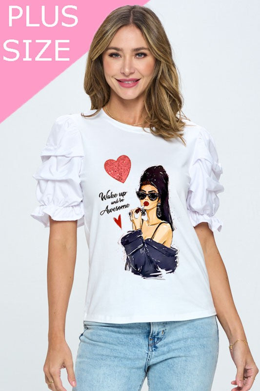 Plus Size "Wake Up and Be Awesome" Word Print Ruffle Detailed Sleeve Top