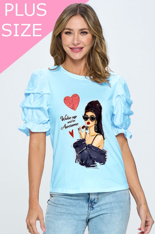 Plus Size "Wake Up and Be Awesome" Word Print Ruffle Detailed Sleeve Top