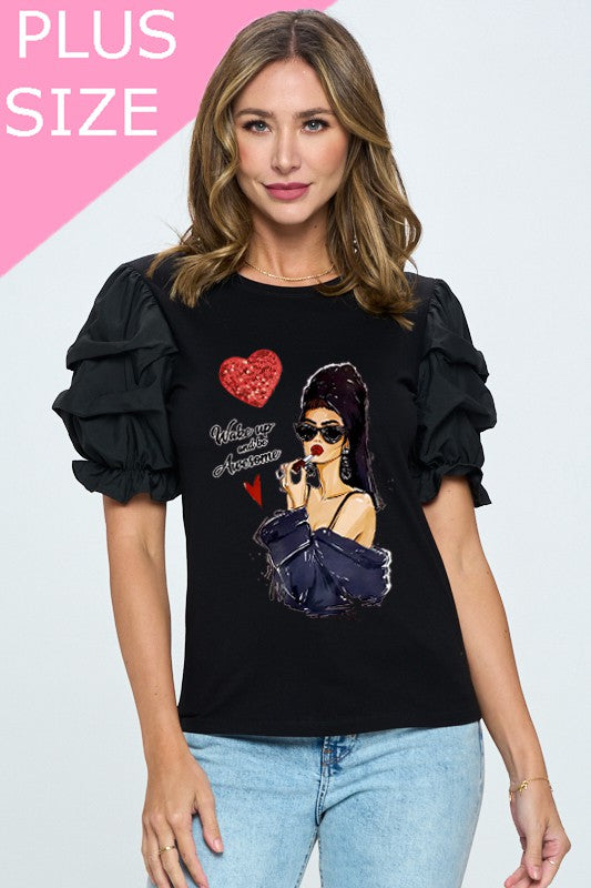 Plus Size "Wake Up and Be Awesome" Word Print Ruffle Detailed Sleeve Top