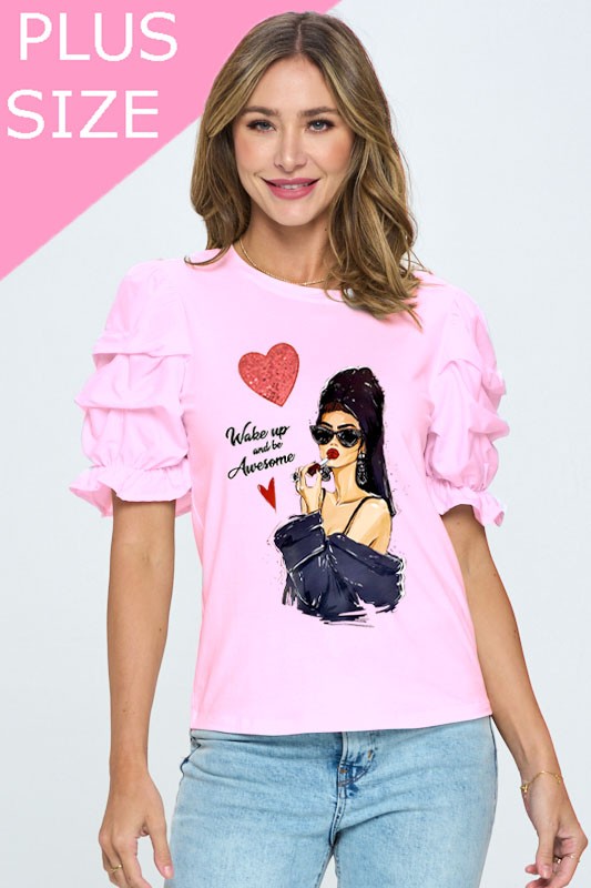 Plus Size "Wake Up and Be Awesome" Word Print Ruffle Detailed Sleeve Top