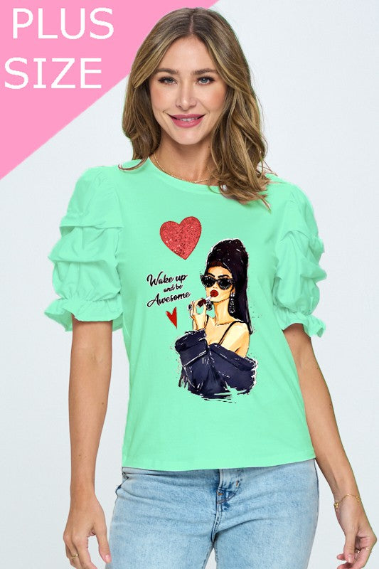 Plus Size "Wake Up and Be Awesome" Word Print Ruffle Detailed Sleeve Top