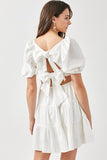 OFF WHITE PUFF SLEEVE BACK DOUBLE TIE TIERED DRESS