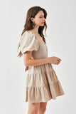 OFF WHITE PUFF SLEEVE BACK DOUBLE TIE TIERED DRESS