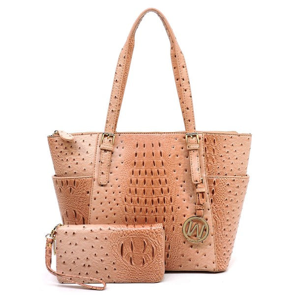 Ostrich Croc Shopper & Wallet Set (12 Colors)