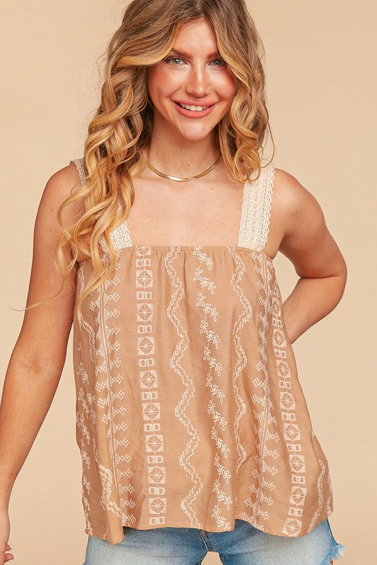 PLUS SIZE EMBROIDERED CROCHET LACE WOVEN TANK TOP