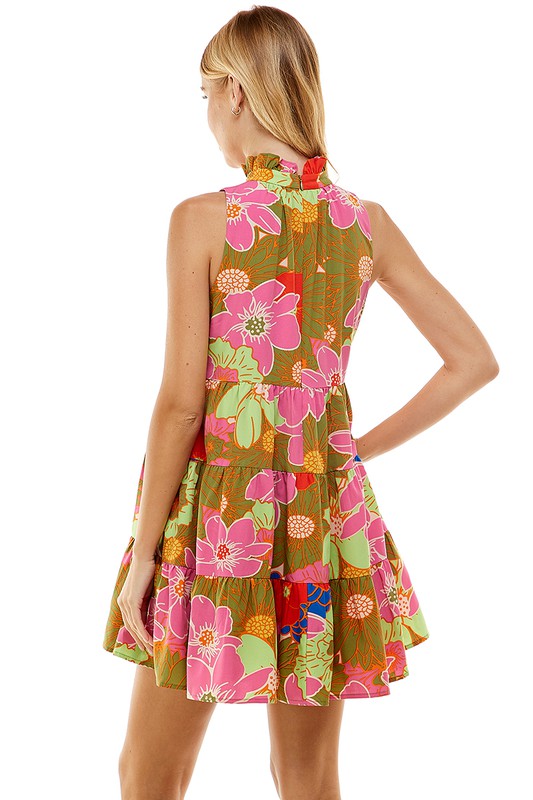 Floral Print High Neck Ruffled Dress