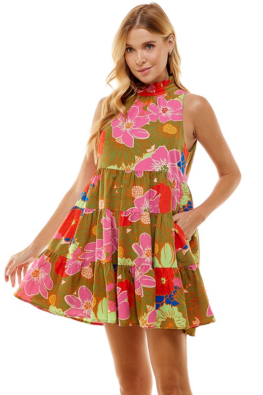 Floral Print High Neck Ruffled Dress