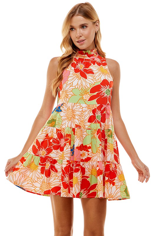 Floral Print High Neck Ruffled Dress