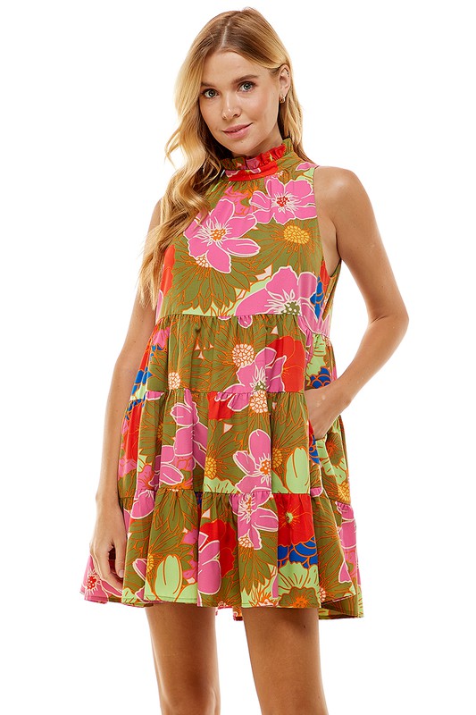 Floral Print High Neck Ruffled Dress