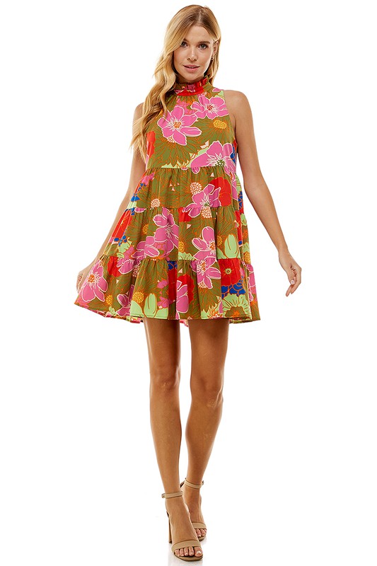 Floral Print High Neck Ruffled Dress