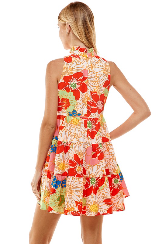 Floral Print High Neck Ruffled Dress