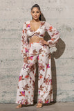 Creamy Floral Wide Leg & Cropped Long Sleeve Top Set