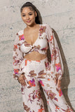 Creamy Floral Wide Leg & Cropped Long Sleeve Top Set