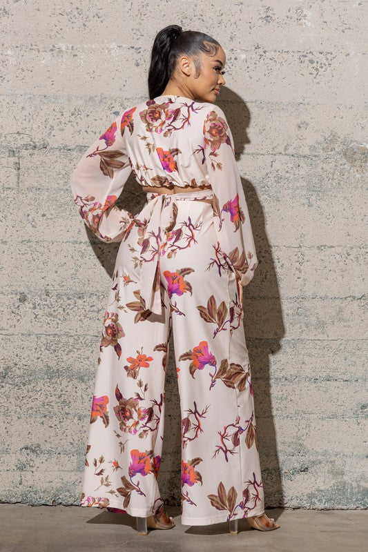 Creamy Floral Wide Leg & Cropped Long Sleeve Top Set