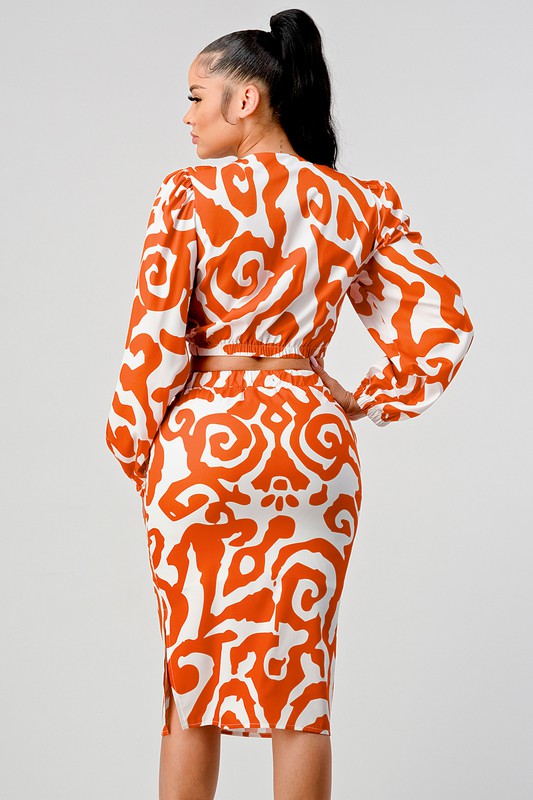 Athina Orange & White Cropped Long Sleeve Top & Knee Length Skirt Set