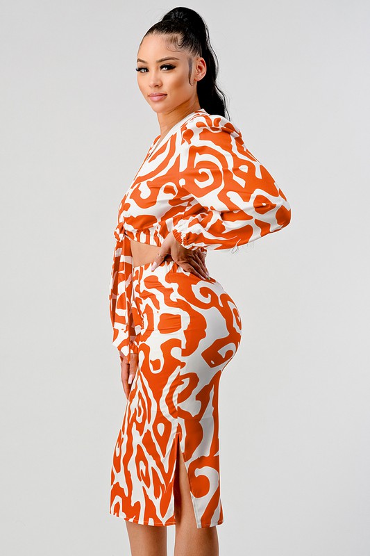 Athina Orange & White Cropped Long Sleeve Top & Knee Length Skirt Set