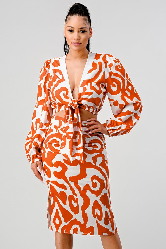 Athina Orange & White Cropped Long Sleeve Top & Knee Length Skirt Set
