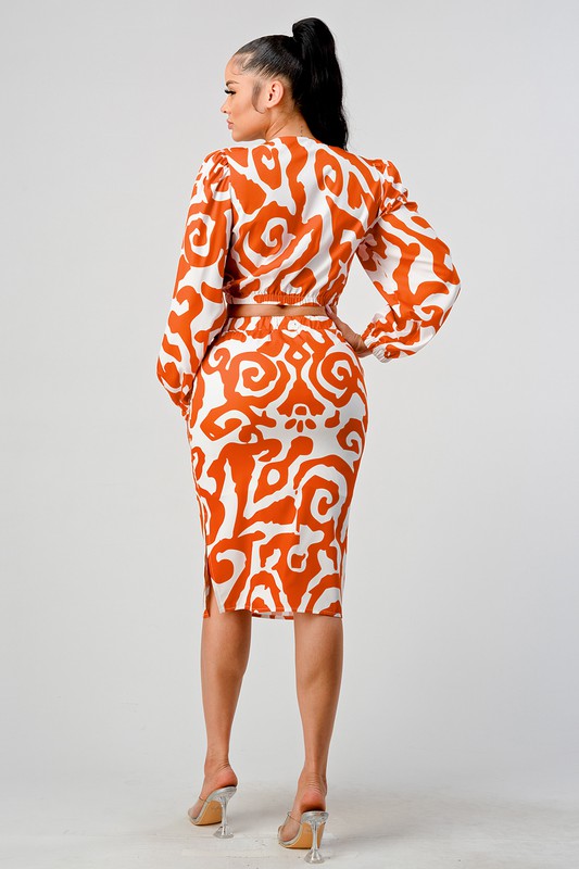 Athina Orange & White Cropped Long Sleeve Top & Knee Length Skirt Set