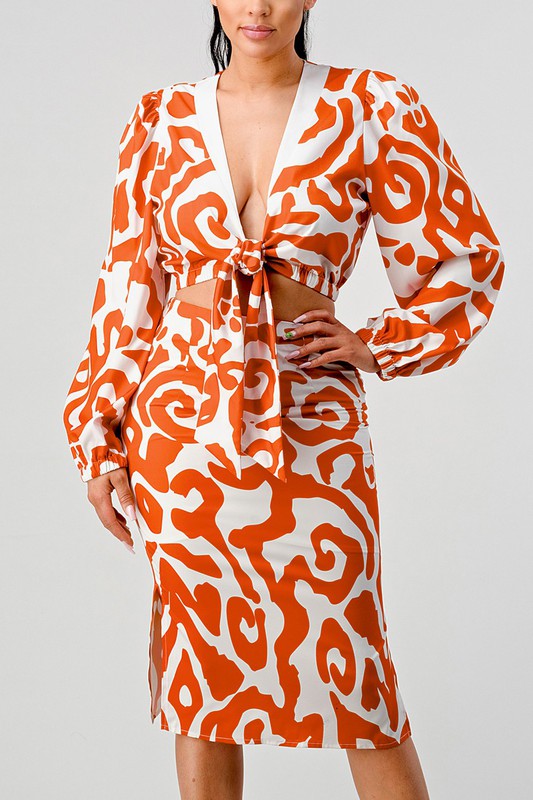 Athina Orange & White Cropped Long Sleeve Top & Knee Length Skirt Set