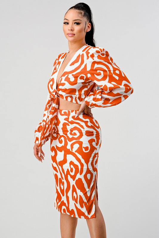 Athina Orange & White Cropped Long Sleeve Top & Knee Length Skirt Set