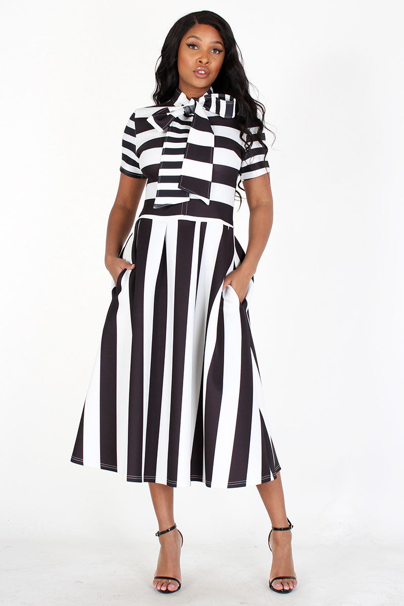 black & white striped bowtied neck flare dress