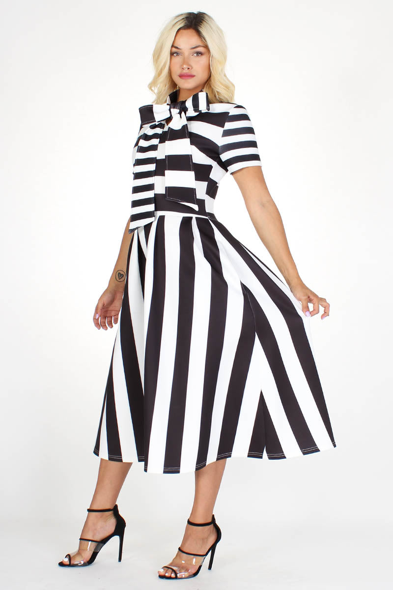 black & white striped bowtied neck flare dress