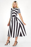 black & white striped bowtied neck flare dress
