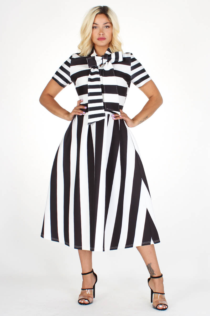 black & white striped bowtied neck flare dress