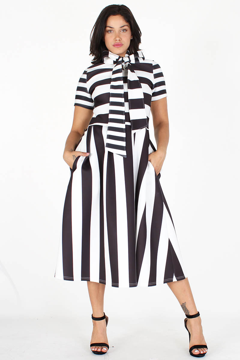 black & white striped bowtied neck flare dress