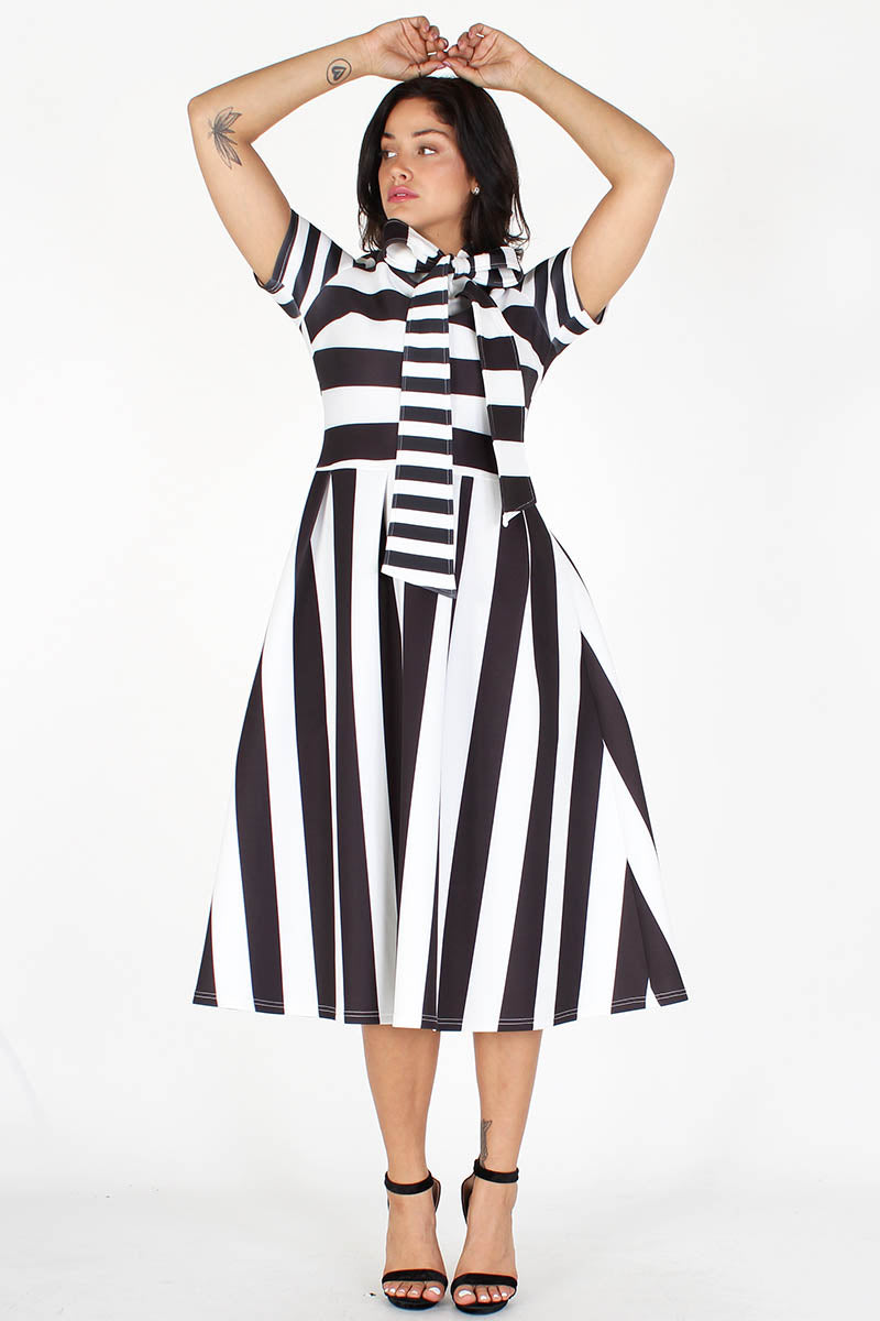 black & white striped bowtied neck flare dress