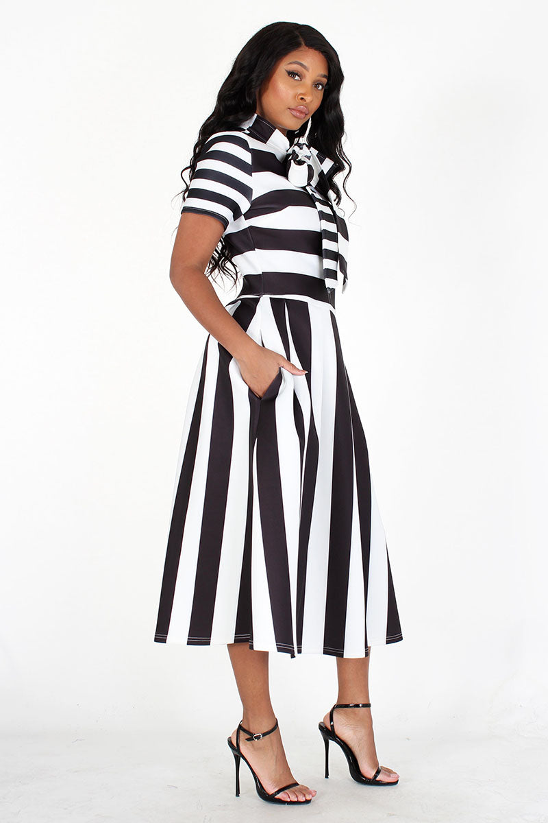 black & white striped bowtied neck flare dress