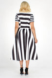 black & white striped bowtied neck flare dress